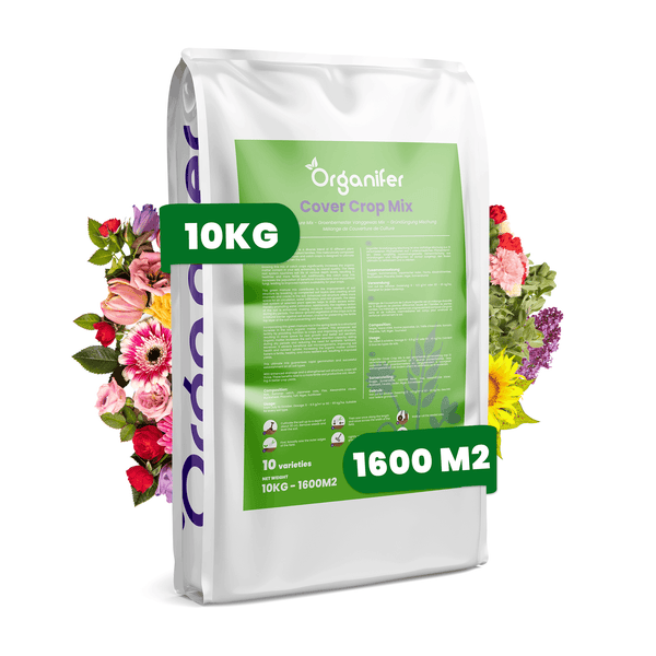 10 Kilogramm Packung Organifer Gründüngung Mischung für 1600 Quadratmeter, enthält 10 verschiedene Pflanzensorten zur Bodenverbesserung.