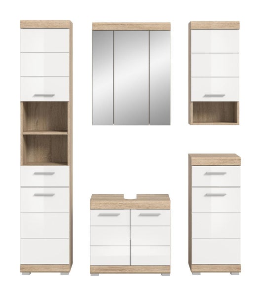 Badezimmermöbel-Set aus Spiegelschrank, Waschbeckenunterschrank, Hochschrank, Hängeschrank und Unterschrank in Eichenoptik mit weißen Fronten.