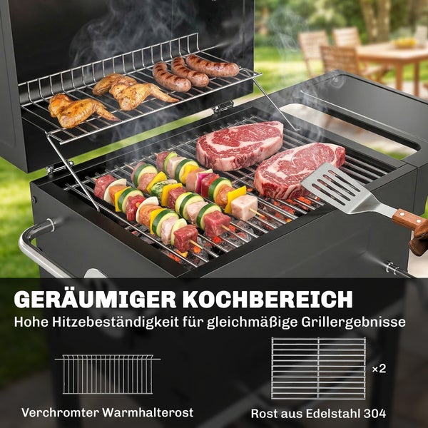 Holzkohlegrill mit Seitenablage (22 mal 34 Zentimeter) für Zutaten und unterem Ablagefach (35 mal 30 Zentimeter) für Grillkohle und Zubehör.