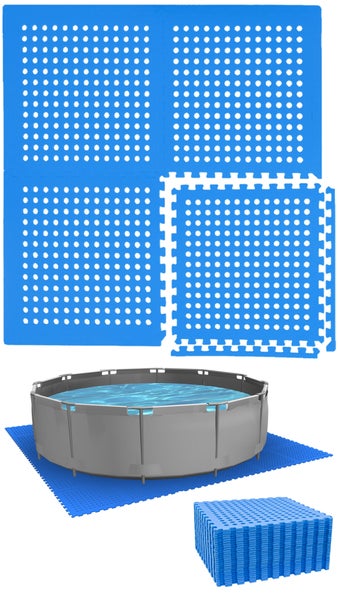 Poolbodenschutzmatten mit Puzzlerand und Lochmuster, Set bestehend aus mehreren Teilen unter einem runden Pool sowie als Stapel abgebildet.