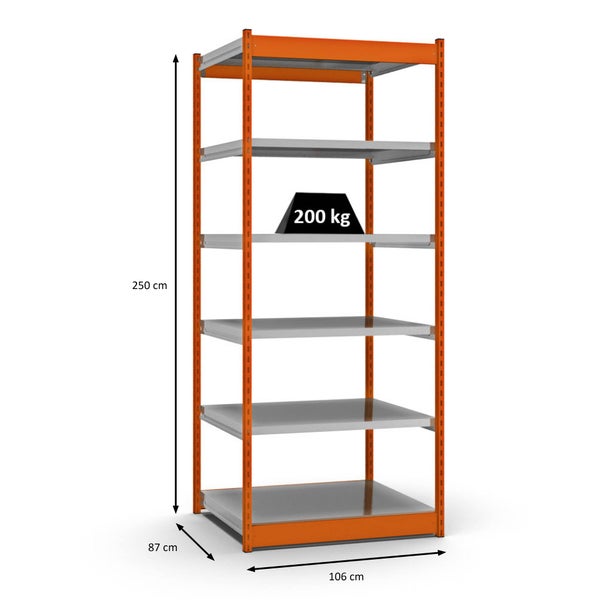 PROREGAL Fachbodenregal Stecksystem Vierkant-Profil Grundregal HxBxT 250 x 102,5 x 80 cm 6 Ebenen Einseitige Bauart Fachlast 200 kg Orange