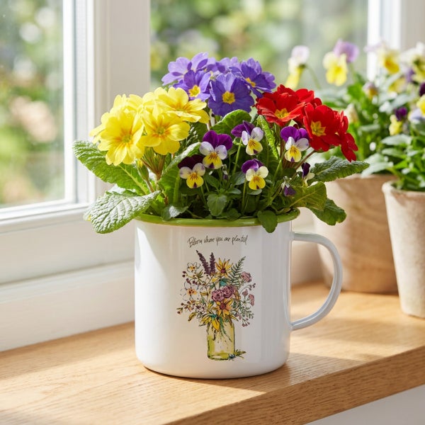 Bunte Primeln und Stiefmütterchen in einer weißen Emaille Tasse mit Blumendruck auf einem Fensterbrett.