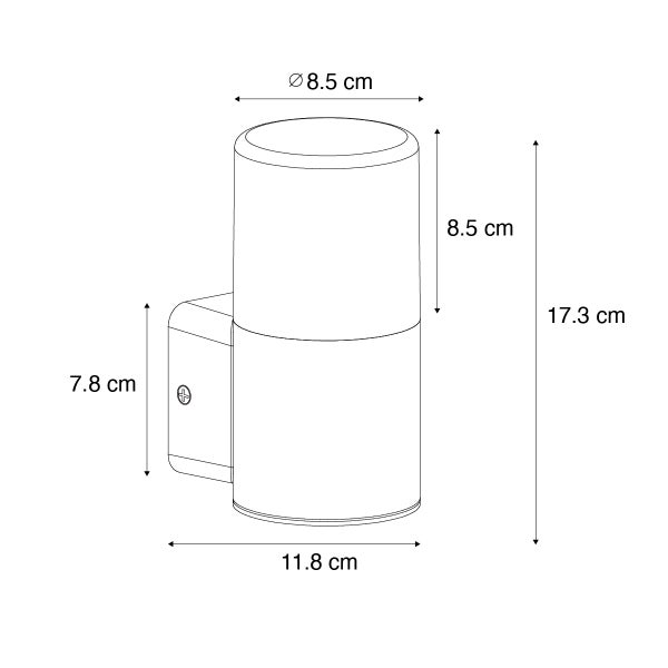 Technische Zeichnung einer Wandleuchte: Höhe 17,3 Zentimeter, Breite 11,8 Zentimeter, Durchmesser 8,5 Zentimeter.
