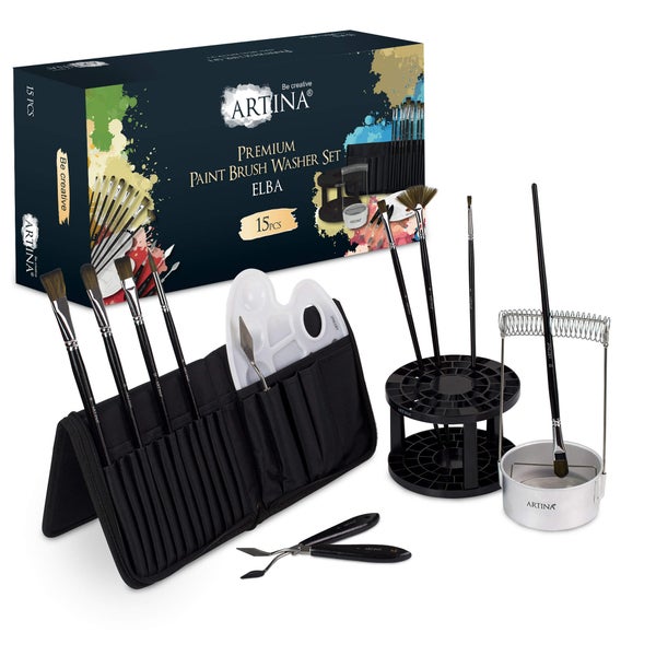 Artina Premium Pinselwaschset Elba 15 teilig mit Pinseln, Mischpalette, Pinselhalter und Waschbehälter zur Reinigung von Malkünstlertools.