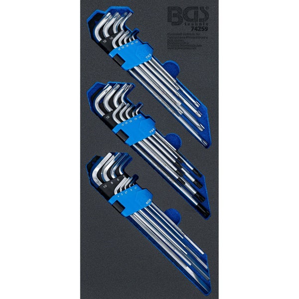 BGS technic Werkzeugeinlage mit drei Sätzen Torx- und Innensechskant-Winkelschlüsseln aus Metall in einer Schaumstoffeinlage.