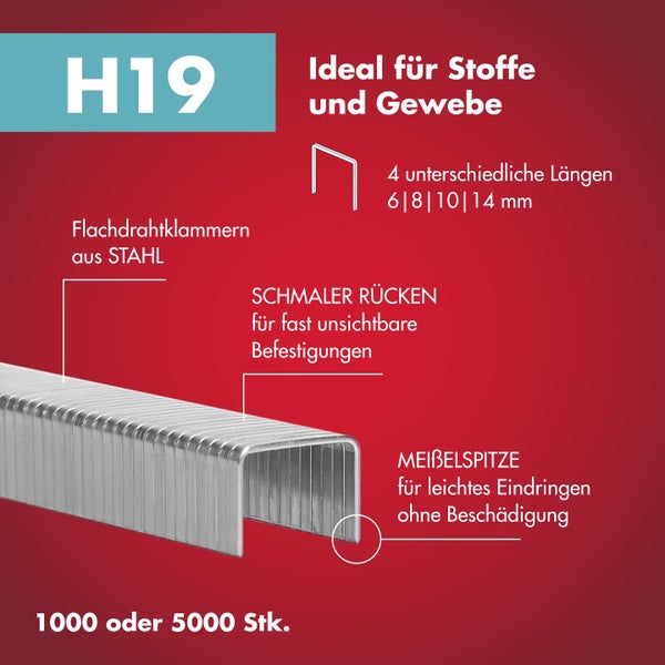 H19 Flachdrahtklammern aus Stahl für Stoffe mit schmalem Rücken und Meißelspitze, Längen 6, 8, 10 und 14 Millimeter.