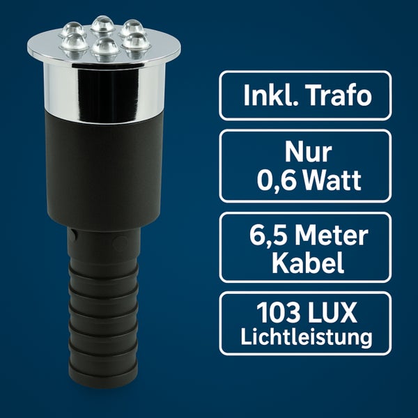LED-Bodeneinbaustrahler inklusive Transformator, 0,6 Watt, 6,5 Meter Kabel und 103 Lux Lichtleistung.