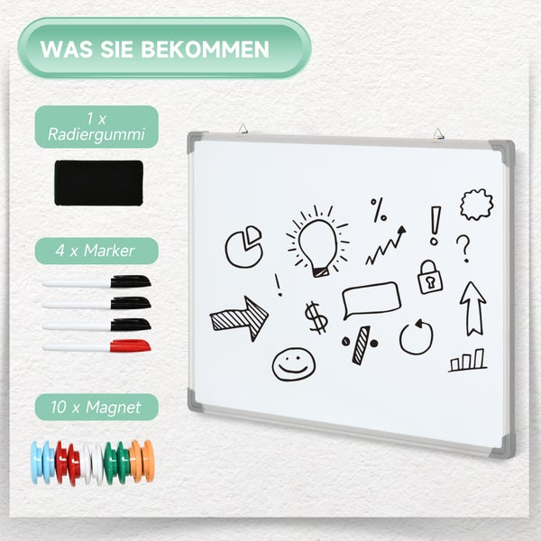 Whiteboard-Set bestehend aus einer Magnettafel mit silbernem Rahmen, einem Radiergummi, vier Markern und zehn Magneten.