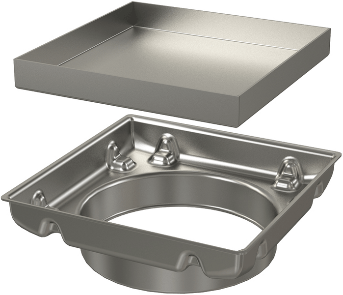 Befliesbarer Bodenablauf aus Edelstahl mit quadratischem Rahmen und Einlegeschale für Fliesen.