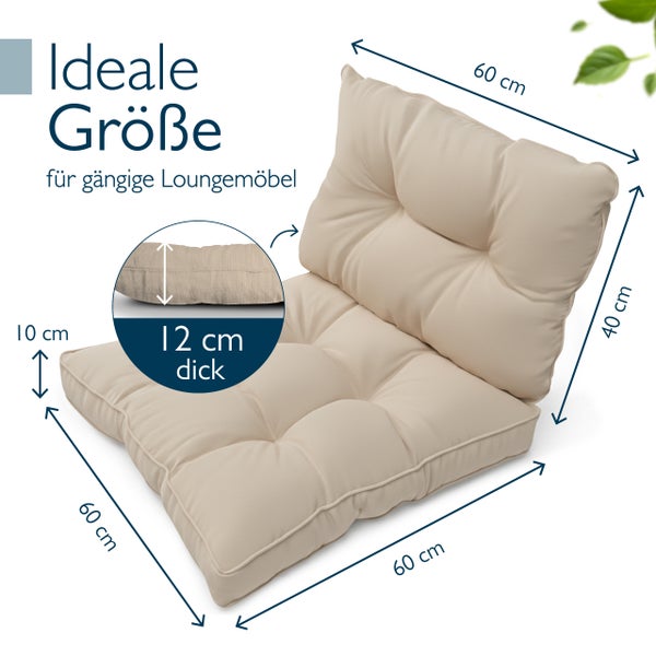 Lounge-Kissen-Set für Gartenmöbel, Sitzkissen 60 mal 60 Zentimeter, Rückenkissen 60 mal 40 Zentimeter, Polsterstärke 12 Zentimeter.