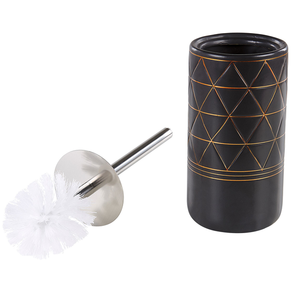 WC Garnitur mit zylindrischem Halter aus Keramik mit geometrischem Muster und WC Bürste mit Edelstahl Stiel.
