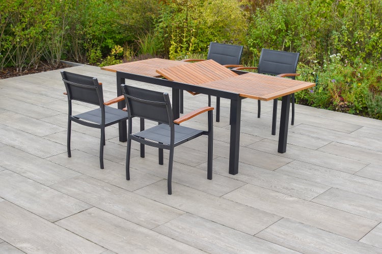 Paxos Set 5tlg., Stapelsessel, Ausziehtisch 150 (200) x 90 cm