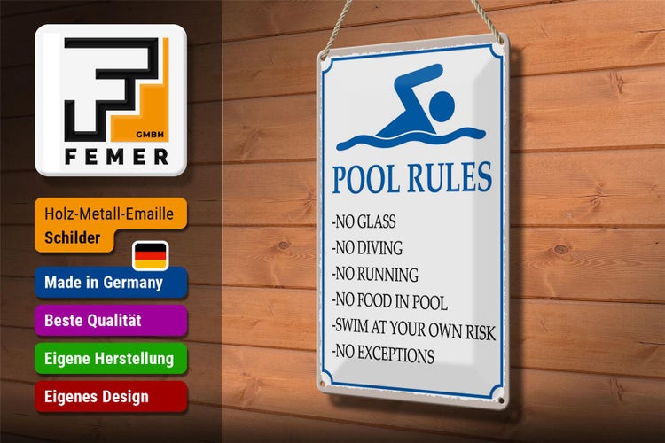 Blechschild Spruch 20x30cm Pool Rules No glass no diving