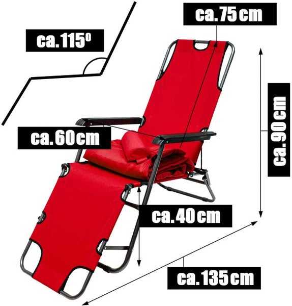 Campingstuhl Liegestuhl Freizeitliege Sonnenliege Strandliege Campingliege Klappliege Liege incl. Auflage 178cm Rot