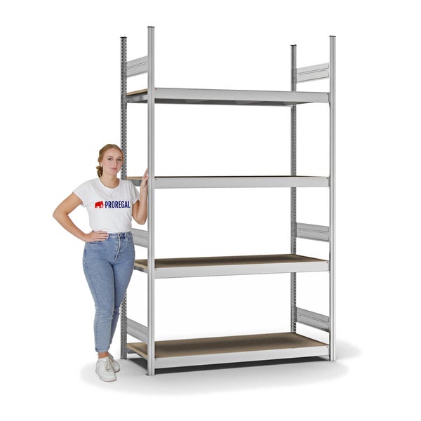 PROREGAL Weitspannregal Stecksystem T-Profil Grundregal HxBxT 250x150x50 cm 4 Ebenen Spanplatten Fachboden Fachlast 350 kg Verzinkt