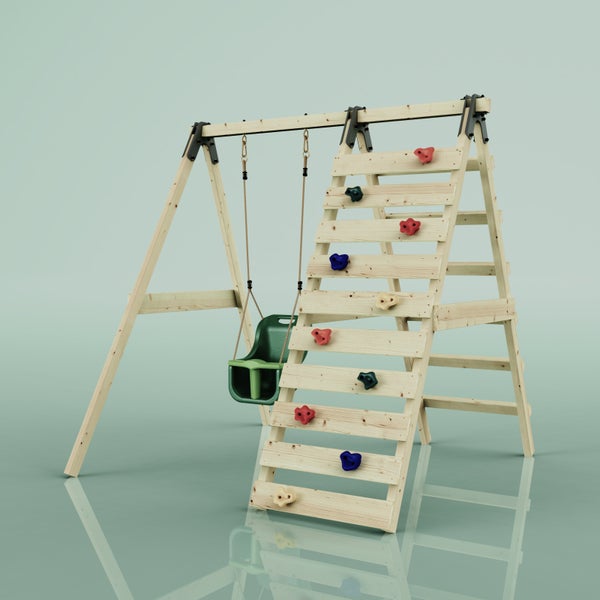 Spielgerüst aus hellem Holz mit einer Schaukel und einer Kletterleiter.