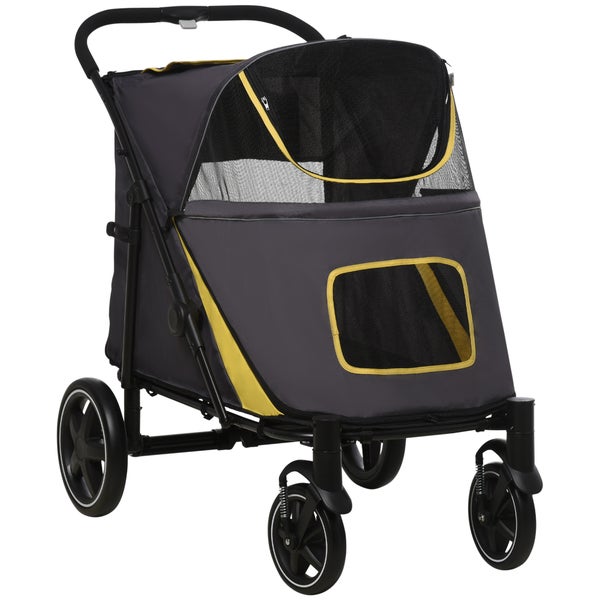 PawHut Hundewagen, Hundebuggy mit Kissen, faltbarer Hundetrolley, Katzenbuggy für große und mittelgroße Hunde, Hundetrolley mit Netzfenster, Sicherheitsleinen, Tasche, Oxfordstoff, Dunkelgrau
