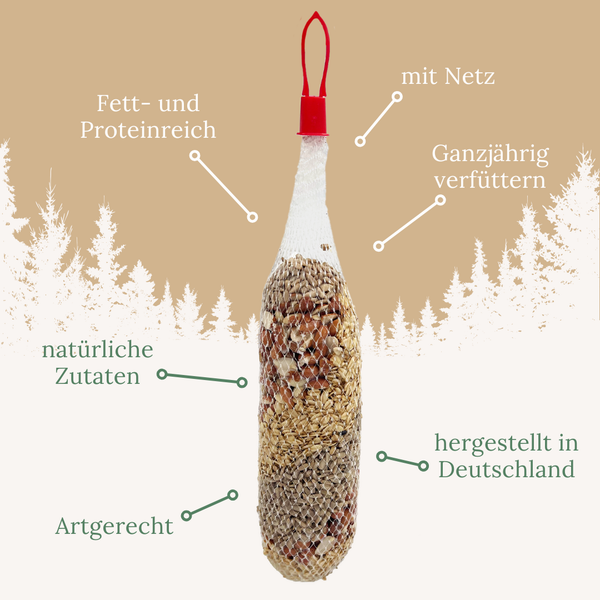 Vogelfutter im Netz mit Sämereien und Nüssen, fett- und proteinreich, natürliche Zutaten, artgerecht, Ganzjahresfütterung, hergestellt in Deutschland.