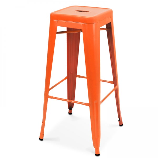 Barhocker aus Metall in Orange, industrielles Design mit quadratischer Sitzfläche und Fußstützen.