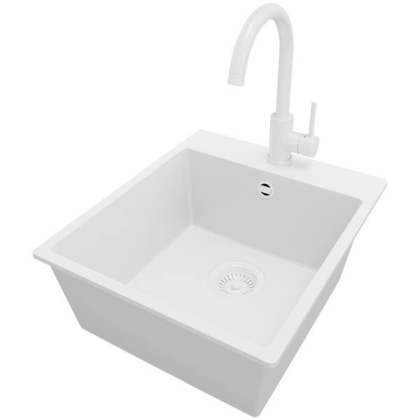 PRIMAGRAN Granitspüle Alles Weiß 43x50cm, Spülbecken 1 Becken + Küchenarmatur 32x20cm + Ablauf-Set, Küchenspüle ab 45er Unterschrank - Riga