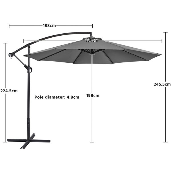 Abbildung eines Sonnenschirms mit Angaben zu Höhe, Breite und Durchmesser