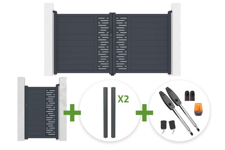 Aluminium-Einfahrtstor-Set mit Doppelflügeltor, Gartentor, zwei Pfosten und elektrischem Torantrieb inklusive Handsendern und Warnleuchte.