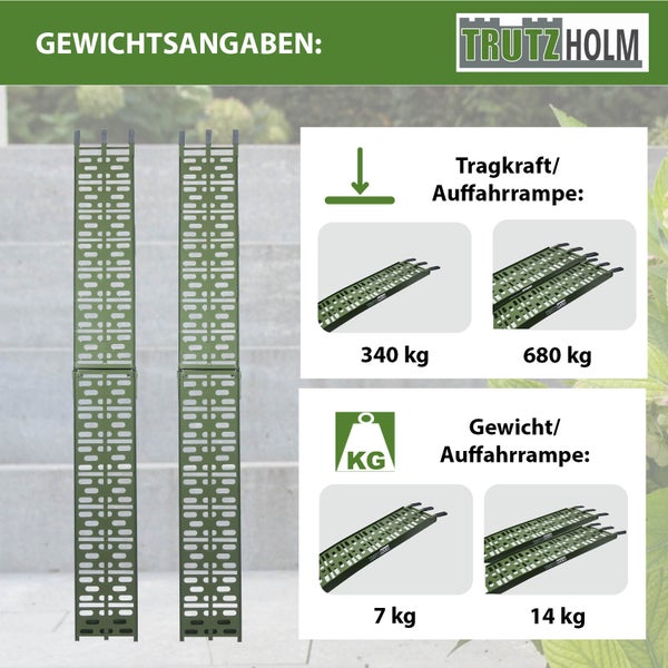 TRUTZHOLM 2 x Auffahrrampen klappbar 228 cm Traglast 680 kg Alu oliv gelocht Rampen Motorradrampen