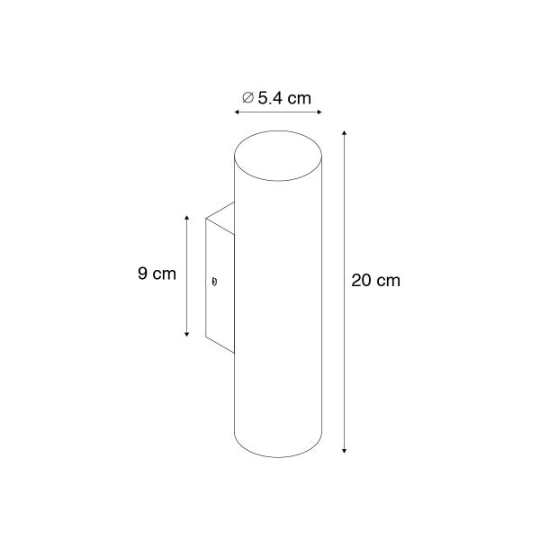 Technische Zeichnung einer Wandleuchte mit den Maßen 5,4 cm Durchmesser, 9 cm Höhe der Halterung und 20 cm Gesamthöhe.