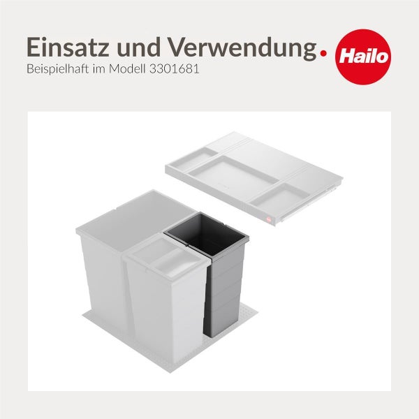 Anwendungsbeispiel für ein Hailo Abfalltrennsystem mit drei Behältern in verschiedenen Größen und einer Systemabdeckung. Hailo Logo.