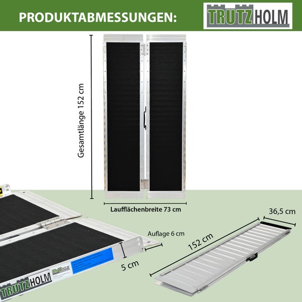 TrutzHolm Logo mit Produktabmessungen einer Rampe von 152 cm Länge und 73 cm Laufflächenbreite.