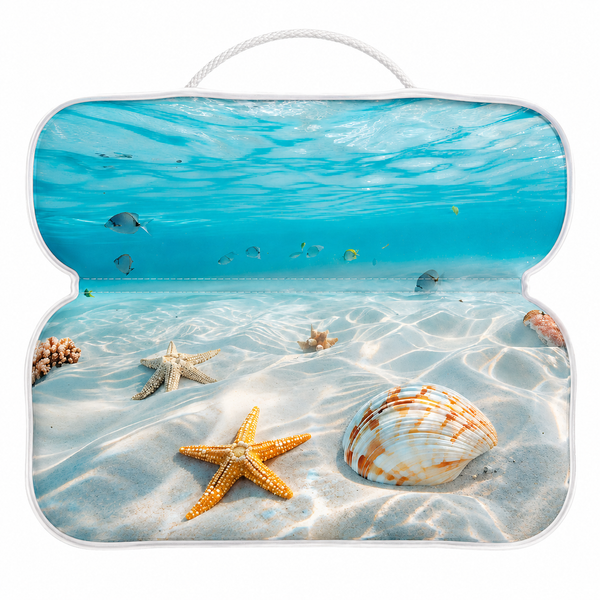 Faltbarer Sitzkissen mit Unterwassermotiv inklusive Seesternen und Muscheln für Gartenstühle.