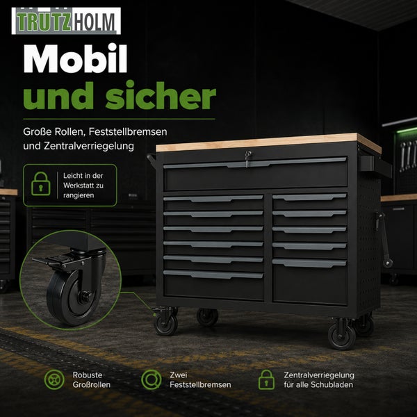 Trutzholm Logo. Mobiler Werkzeugwagen mit Holzplatte, großen Rollen, Feststellbremsen und Zentralverriegelung für alle Schubladen.