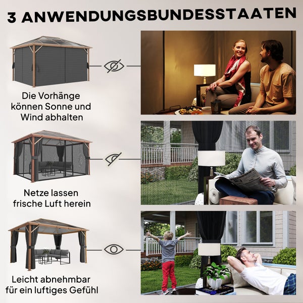 Gartenpavillon aus Holz mit Metalldach: Drei Nutzungsmöglichkeiten mit Vorhängen, Insektennetzen und offenen Seiten für den Außenbereich.