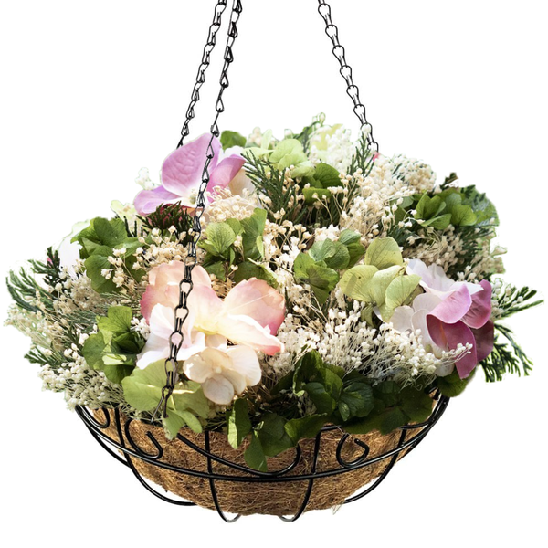 Blumenampel aus Metall mit Kokosfaser-Einlage, Durchmesser 25 Zentimeter, Korbhöhe 13 Zentimeter, Gesamthöhe 58 Zentimeter.