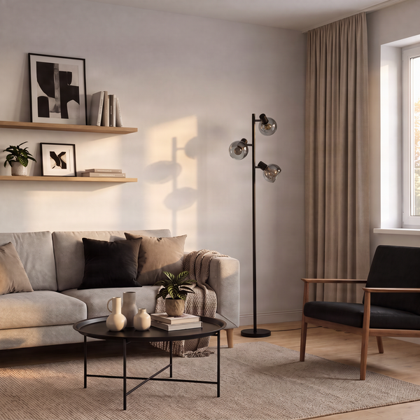 Modernes Wohnzimmer mit Sofa, Couchtisch und Stehleuchte mit drei Glaskugeln vor einer Wand mit Holzregalen.