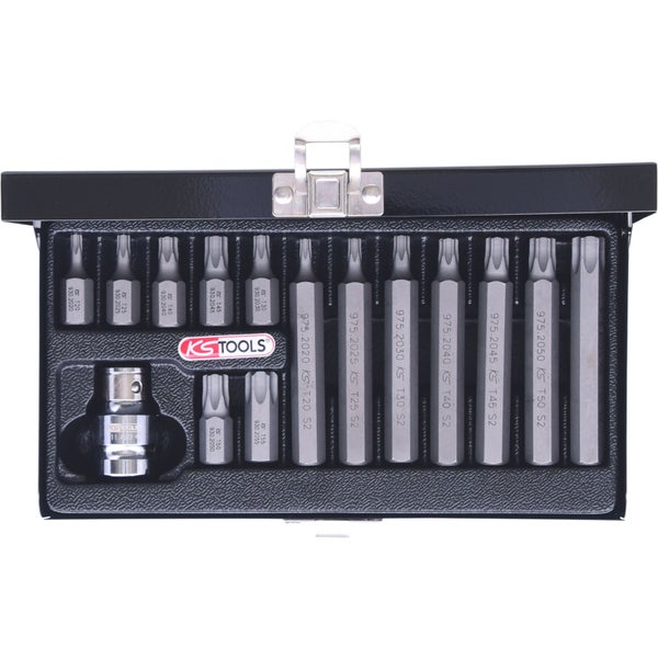 KS Tools Logo, Bit-Satz mit verschiedenen Torx-Bits und einem Adapter in einem schwarzen Metallkoffer