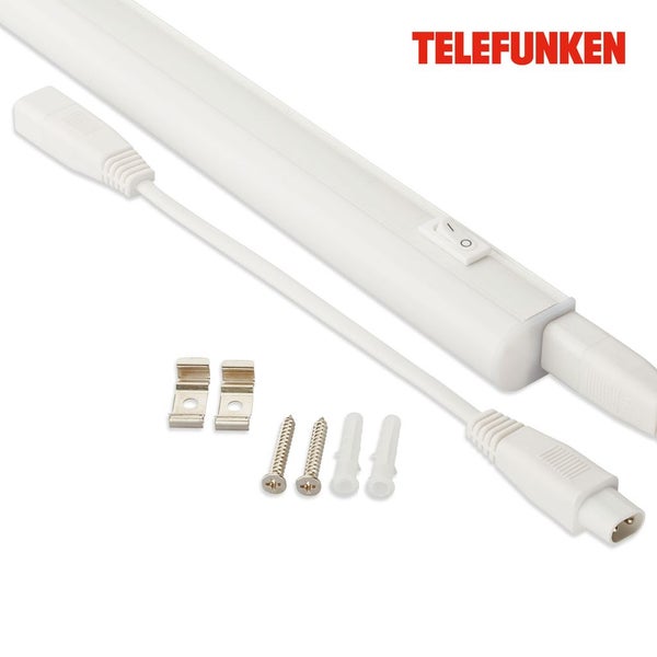 Telefunken LED-Unterbauleuchte mit Kippschalter inklusive Anschlusskabel, Befestigungsclips, Schrauben und Dübeln. Telefunken Logo.