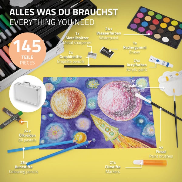 ECD Germany 145-Teiliges Malset mit Alu-Koffer, Zeichen- und Malkoffer für Kinder, Malkasten, Kunst- und Zeichenset, Buntstifte, Aquarellfarben, Pastellkreiden und viel Zubehör, Zeichnen Künstler Set