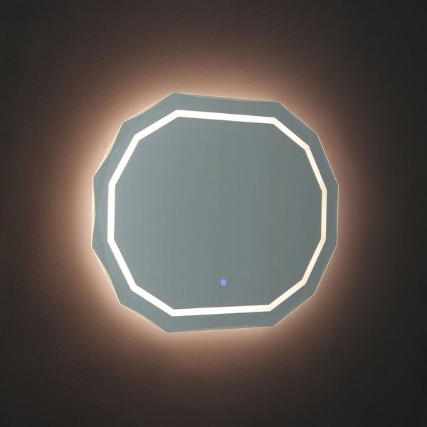 Moderner geometrischer LED-Badezimmerspiegel mit integriertem Lichtrahmen, Hintergrundbeleuchtung und Touch-Sensor-Schalter.