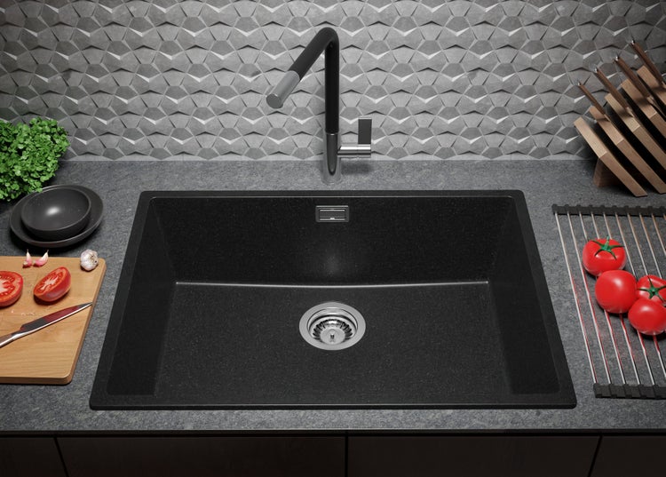 PRIMAGRAN Spülbecken Anthrazit 66x47cm, Granitspüle 1 Becken + Ablauf-Set, Küchenspüle ab 70er Unterschrank - London Slim
