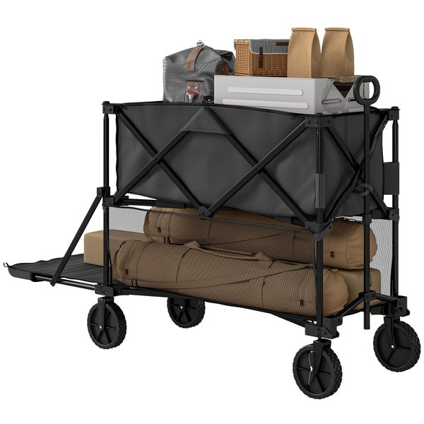 Outsunny Gartenwagen 200 kg belast zweistufige Transportwagen mit herausnehmbare Plane Griff  Rädern Lenkachse klappbar Bollerwagen Handwagen Gartenkarre Gerätewagen für Haus, Garten Schwarz