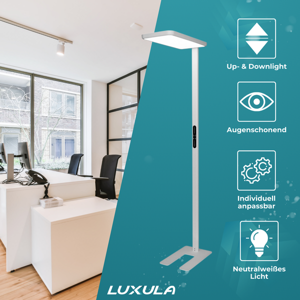 LUXULA LED Stehlampe Up/Down Bürolampe Weiß 100W 7000LM 4000K Neutralweiß UGR16 CRI98 Dimmbar