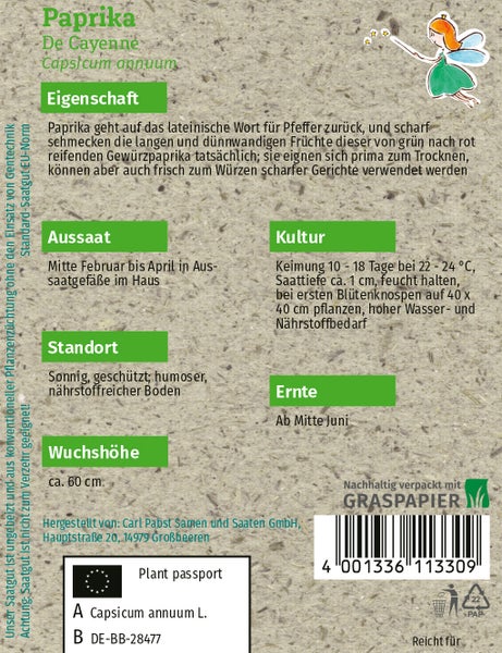 Rückseite einer Samentüte für Paprika De Cayenne mit Anbauhinweisen, Pflanzenpass und Barcode auf Graspapier.
