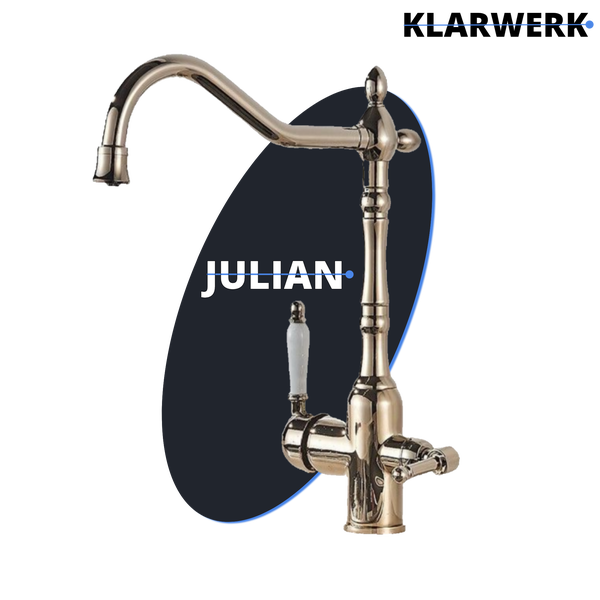 Julian | Vintage 3 Wege Gold glänzend Filtermatur | Gastronomie Edelstahl Osmose Wasserhahn Küche | Mischbatterie Retro 360° Filter 3 Anschlüsse