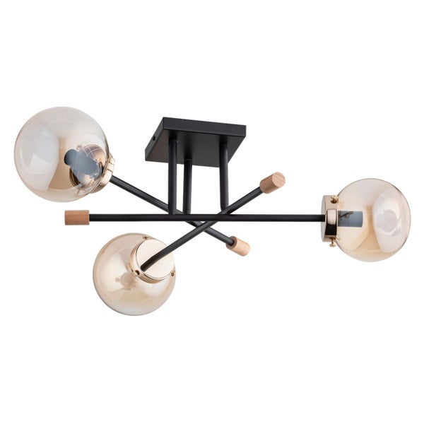 Deckenleuchte mit drei kugelförmigen Glasköpfen und Metallelementen in modernem Design