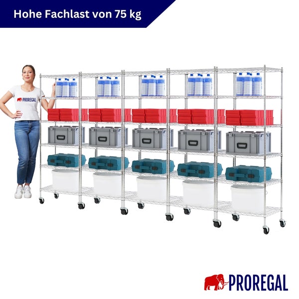 Mobiles Drahtgitterregal von PROREGAL, 5 Ebenen, 75 Kilogramm Fachlast, PROREGAL Logo, ordentlich sortiert mit Boxen und Behältern.