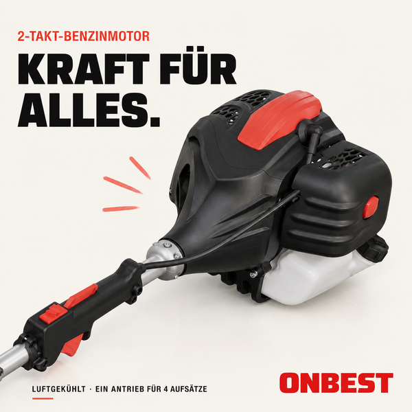 ONBEST luftgekühlter Zweitakt Benzinmotor für ein Kombisystem mit vier verschiedenen Aufsätzen.