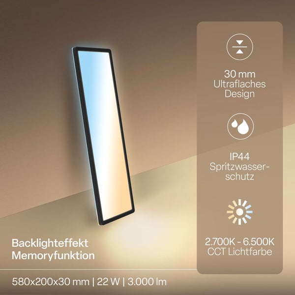 Rechteckiges LED-Panel mit Backlight-Effekt, Memoryfunktion, 30 Millimeter ultraflach, IP44 Spritzwasserschutz, 2700 bis 6500 Kelvin.