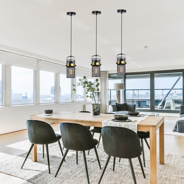 Home Deluxe - Pendelleuchte LUMINOS - Schwarz / Gold, Blendfreies Licht, 10,5 x 153 cm, Metall / Rattan I Pendellampen Hängeleuchten Hängelampe