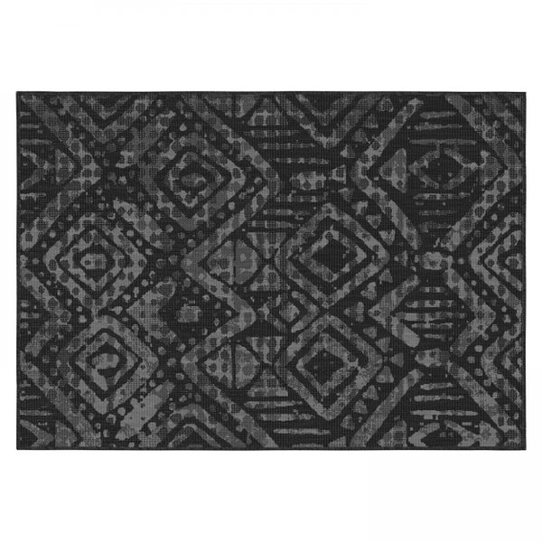 Rechteckiger Outdoor-Teppich mit dunkelgrauem geometrischem Muster, Flachgewebe.